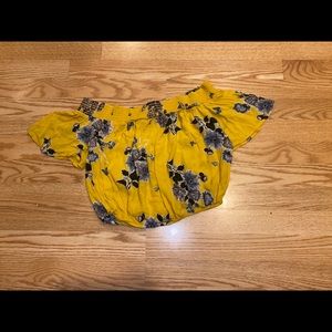 Yellow with blue flowers off shoulder crop top